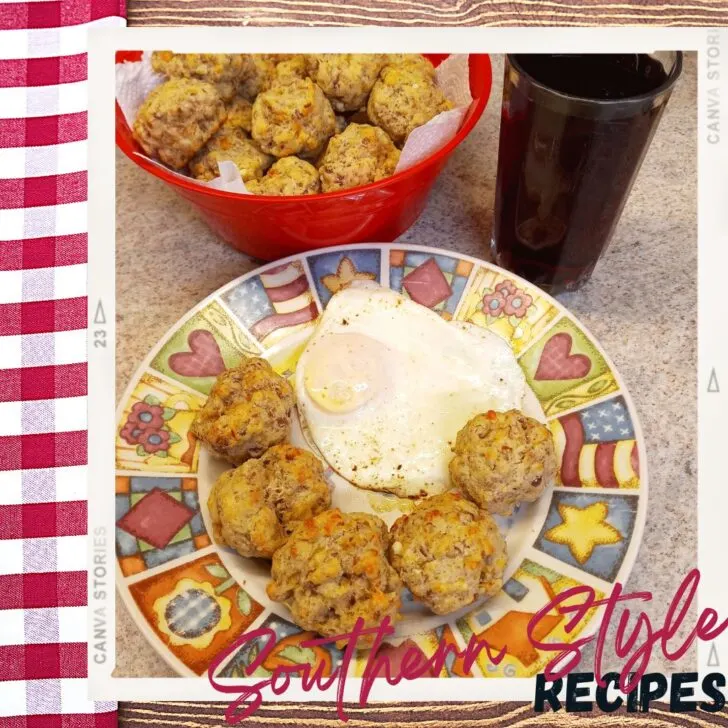 Sausage balls without bisquick recipe plated up with eggs and juice