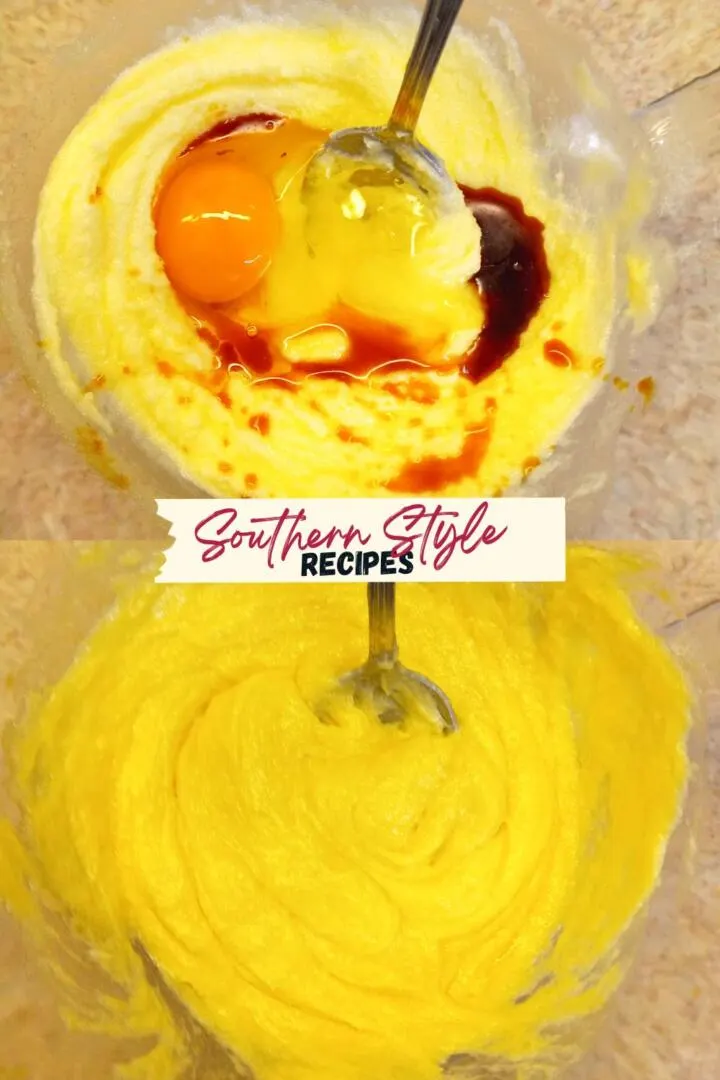 before and after egg and vanilla are blended into sugar mixture