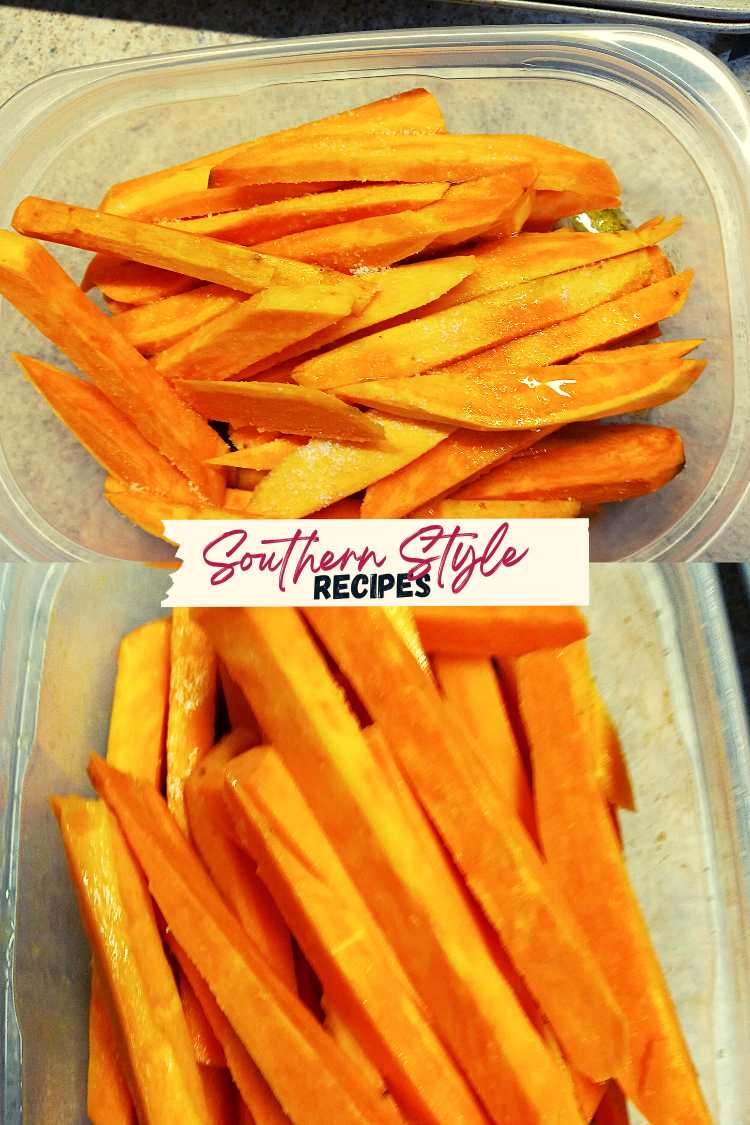 air fryer sweet potato fries before and after coating with oil and seasoning